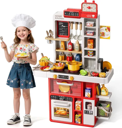 Juego de cocina para niños, juego de cocina de 88 piezas para niños pequeños de 3 a 5 años, estufa de cocina, accesorios de juguetes con luz y