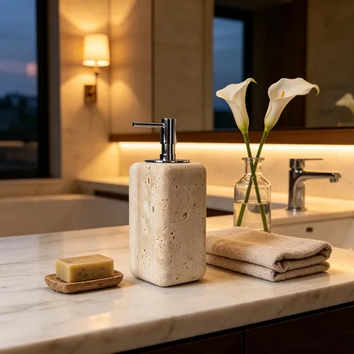 Miniatura 5 de Dispensador de jabón de travertino, accesorios de baño, dispensador de loción de piedra cuadrada orgánica natural prémium con bomba de metal