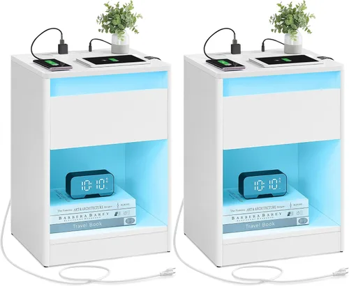 Miniatura 14 de VASAGLE Mesita de noche con estación de carga, 2 salidas de CA y 2 puertos USB, mesita de noche, mesa auxiliar con 3 cajones, estilo moderno, 13.8 x