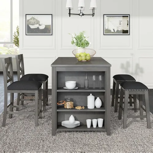 Miniatura 11 de Juego de mesa de comedor de altura de mostrador, juego de mesa de bar de madera de 5 piezas con mesa de comedor de almacenamiento grande, diseño que