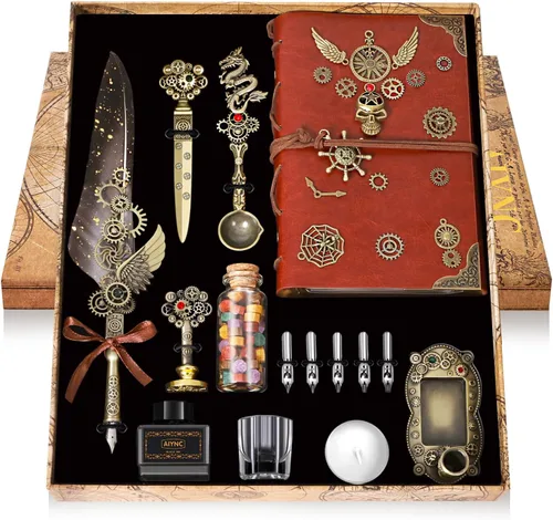 Set de pluma estilográfica con pluma estilo tintero, cuaderno, 5 puntas reemplazables, sello, cuchara, cuentas de cera, cera blanca, tinta, Gris
