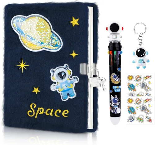 homicozy Diarios del espacio exterior para niños y niñas con cerradura y llaves, diario mullido para niños con 160 páginas rayadas, cuaderno secreto