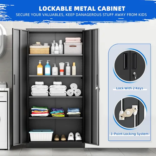 Miniatura 4 de Superday Gabinete de almacenamiento de metal, armarios de almacenamiento de garaje de 72 pulgadas con cerradura, gabinete de metal negro con 2