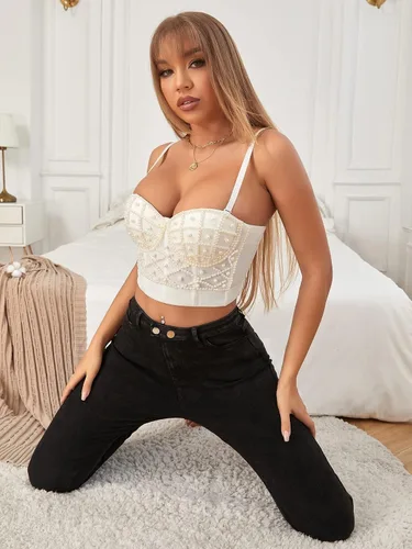 Miniatura 5 de SOLY HUX Camiseta corta sin mangas con diseño de perlas sintéticas para mujer