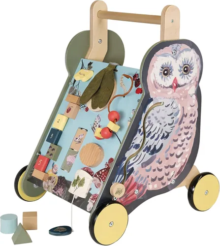 Manhattan Toy Wildwoods Owl - Carrito de madera con clasificador de formas y cesta, ovalado dentado, hilanderos, carrera de cuentas y más mediano