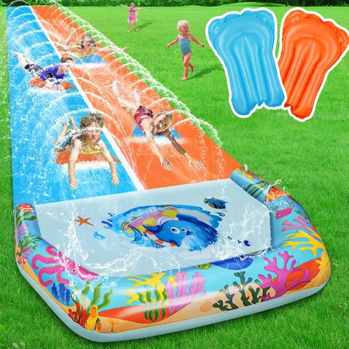 Toboganes de agua dobles de 40 pies para niños y adultos, toboganes de agua extralargos con 2 bodyboards, resistentes, juguetes inflables gigantes