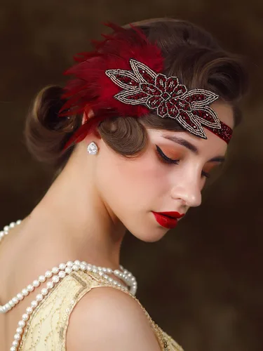 Miniatura 4 de SWEETV Diadema de plumas de los años 20, tocado Showgirl con lentejuelas de los años 20, accesorios para el cabello Gatsby para mujer, Borgoña