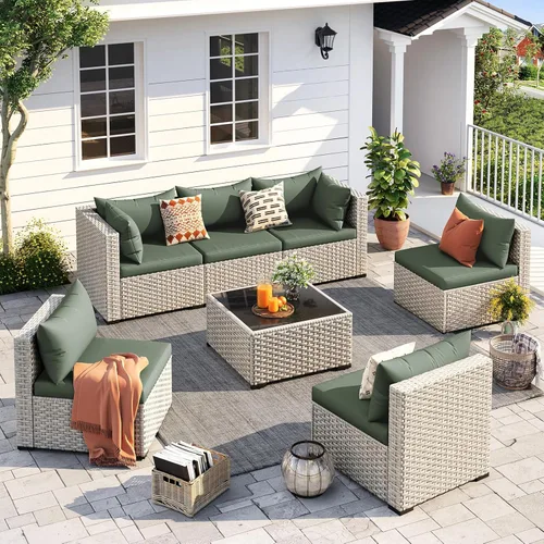 Miniatura 16 de UDPATIO Juego de muebles de patio al aire libre, sofá modular de 7 piezas con mesa de té, juego de conversación al aire libre de mimbre PE para Azul