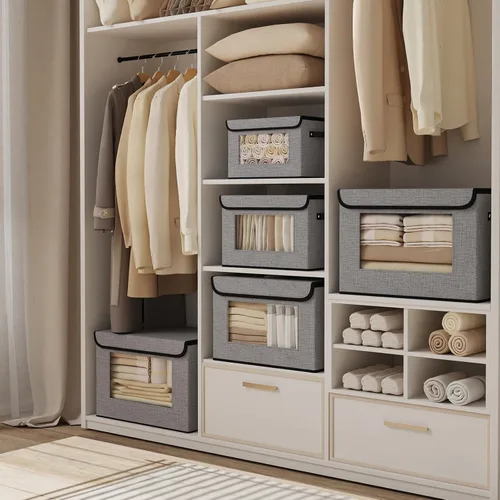 Miniatura 3 de Cesta de almacenamiento de tela con tapa, organizador decorativo de lino para armario, caja de almacenamiento de 15 x 9.8 x 9.8 pulgadas con asas
