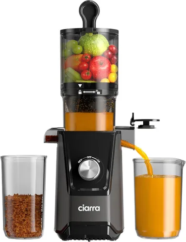 Ciarra Exprimidor de prensa en frío – canal de alimentación XL de 4.3 pulgadas, motor silencioso, máquinas exprimidores sin BPA de 406 onzas, 99% de