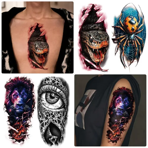 Miniatura 4 de 77 hojas de tatuajes temporales realistas en 3D para adultos y niños, cráneo, tigre, lobo, león, dragón, araña, serpiente, tatuajes temporales