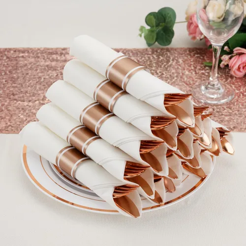Miniatura 2 de Juego de 50 cubiertos de plástico color oro rosa preenrollados con servilletas, juego de cubiertos desechables envueltos resistentes para bodas