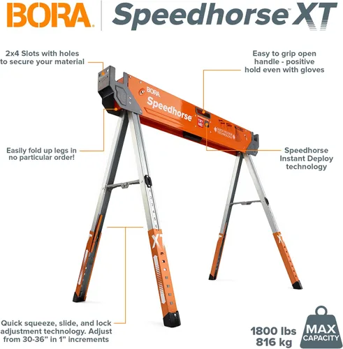 Miniatura 3 de Bora Portamate Speedhorse XT Par de caballetes - Paquete de dos, patas ajustables en altura de 30-36 pulgadas, parte superior de metal para 2x4