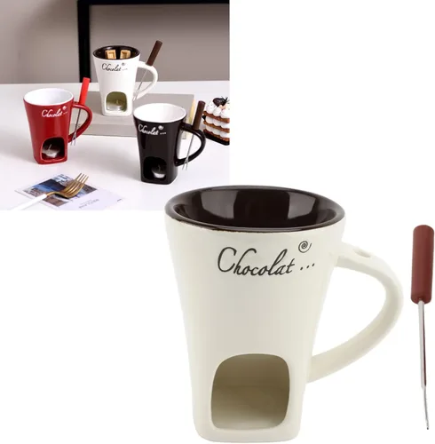 Miniatura 7 de Taza de fondue de chocolate, taza de cerámica para fondue, taza calentadora de café con tenedor de acero inoxidable para queso, mantequilla (blanco)