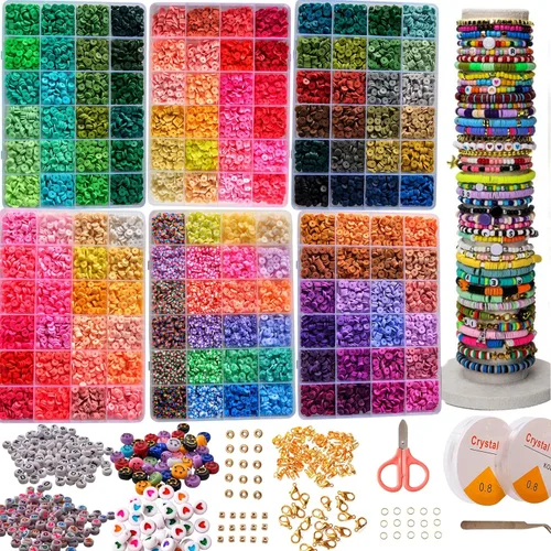 XJRLUK Kit de fabricación de pulseras de cuentas de arcilla, 6 cajas de más de 20000 piezas, 144 colores de polímero plano HEISHI, kit de cuentas