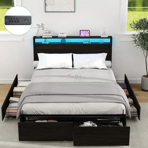 Miniatura 12 de Kiivakii Base de cama Queen con cabecero, base de cama de plataforma LED con 4 cajones de almacenamiento, estación de carga integrada, sin ruido