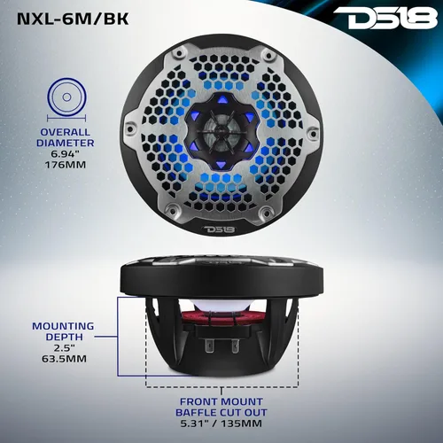 Miniatura 6 de DS18 Hydro NXL-6M/BK - Par de altavoces coaxiales para parrilla de malla de alta gama, altavoces para automóvil de 2 vías con luces RGB integradas