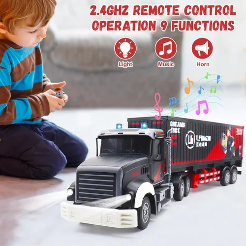 Miniatura 3 de Semi camión a control remoto, 23.6 pulgadas, juguete de remolque y semirremolque, juguete de semirremolque de 2.4 GHz con sonido y contenedor