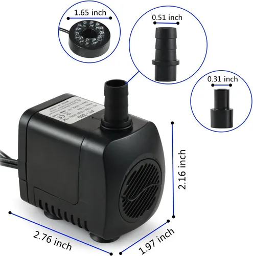Miniatura 4 de Bomba de agua sumergible de 220 GPH (800L/H, 15W), ultra silenciosa, 12 luces LED coloridas con 2 boquillas, cable de alimentación de 6 pies