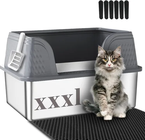 Miniatura 7 de Suhaco Caja extra grande de arena para gatos de acero inoxidable con tapa XXL Cajas de arena para gatos con lados altos incluidas Alfombrilla
