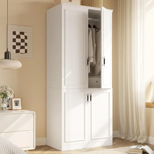 MEISSALIVVE Armario clóset con 4 puertas, gabinete de armario grande de 74.8" con barra para colgar, armario de dormitorio moderno independiente,