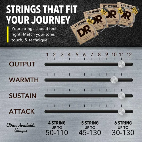 Miniatura 6 de DR Strings - Hi-Beams - Juego de cuerdas para bajo de 4 cuerdas - Mediano 45-105 - Núcleo redondo de acero inoxidable - Accesorios para bajo (MR-45)