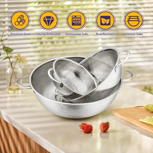 Miniatura 5 de E-far Juego de 3 coladores de acero inoxidable (1-3-5 cuartos de galón), colador de metal microperforado con mango para cocina/escurrimiento