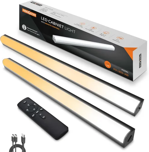 Luces para debajo del gabinete con control remoto, paquete de 2 luces magnéticas regulables para el armario, luz de tienda LED inalámbrica USB Negro