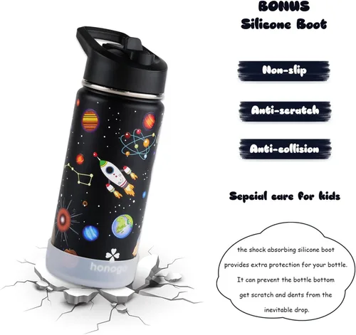 Miniatura 5 de Botella de agua para niños con aislamiento de acero inoxidable de 16 onzas, a prueba de fugas, termo de metal con tapa con pajilla, bonito vaso