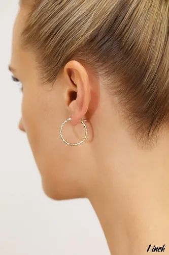 Miniatura 4 de 14k Gold Hand Engraved Diamond-cut Round Hoop Earrings -1'' Diameter