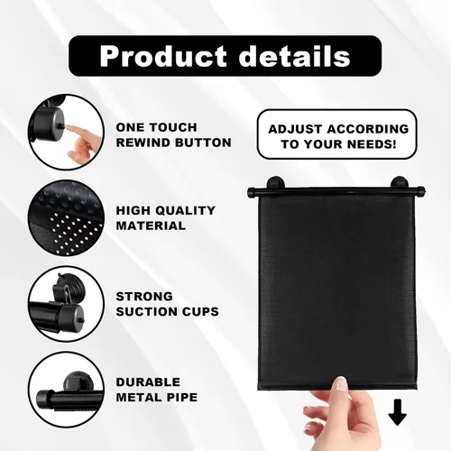 Miniatura 3 de Vrasly Paquete de 2 parasoles enrollables para ventana lateral de automóvil, parasol retráctil para ventana de automóvil para protección UV