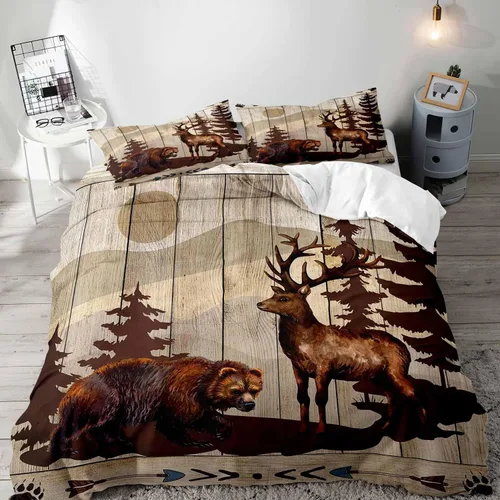 Miniatura 14 de LUVIVIHOME Juego de funda de edredón de 2 piezas, diseño de oso y alce, ciervo, ciervo, ropa de cama de cabaña, ropa de cama rústica de granja