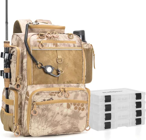 Miniatura 11 de Rabjen Mochila de aparejos de pesca con soportes para caña, soporte para botellas, bolsa de almacenamiento, tienda de equipo de pesca Camuflaje Negro