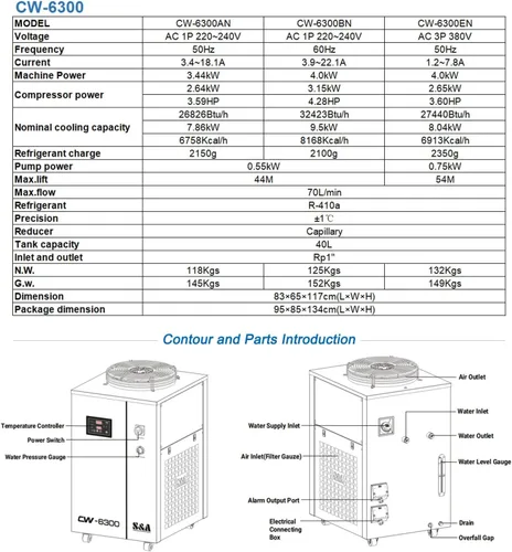 Miniatura 2 de S&A Enfriador de agua industrial genuino CW-6300EN para tubo láser de CO2, husillo CNC, láser semiconductor, láser de estado sólido