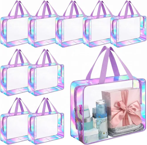 Miniatura 10 de Sweetude Bolsa de aseo transparente grande con asa, bolsa de maquillaje de playa iridiscente de gran capacidad, bolsa de maquillaje de PVC Azul