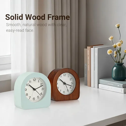 Miniatura 9 de Reloj despertador analógico vintage de madera maciza, funciona con pilas, con luz nocturna no interrumpida, reloj despertador sin tictac con botón