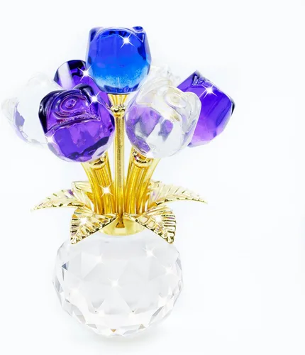 Miniatura 25 de Figura de flor de rosa de cristal con jarrón redondo, flores de cristal, flores de vidrio con tallos, figura de cristal de rosa de cristal, regalos