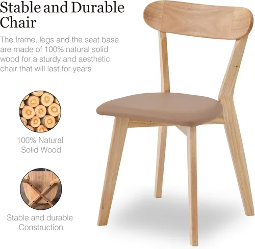 Miniatura 4 de Juego de 4 sillas de comedor tapizadas de madera maciza con asiento marrón acolchado de piel sintética para el hogar, cocina, sala de estar, comedor