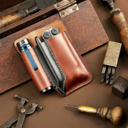 Miniatura 7 de Organizador de bolsillo de cuero para hombre, bolsa de herramientas EDC de cuero, funda hecha a mano, accesorios multiherramienta, marrón-plus
