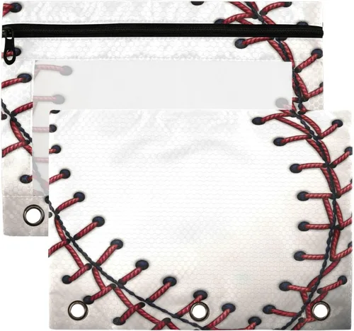 Baseball Pencil Pouch for 3 Ring Binder，Zippered Pencil Case with Clear Window Organizers Bag 2 Packs