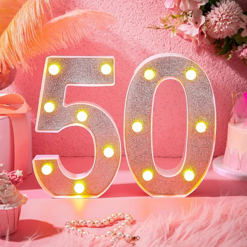 Miniatura 6 de Treela Números LED iluminados decorativos de 8.7'' para cumpleaños, letrero de números de marquesina de purpurina para decoración de fiesta de Oro