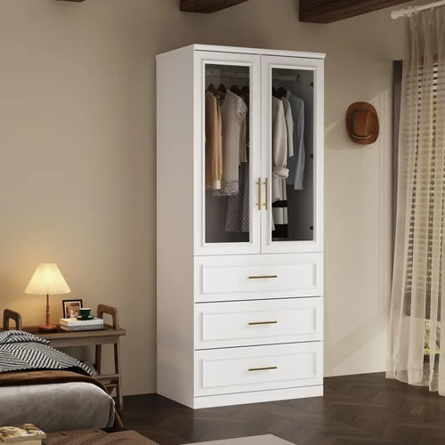 WOODTIME Armario con barra para colgar, 3 cajones enmarcados y 2 puertas de cristal, armario de madera moderno, organizador de armario de