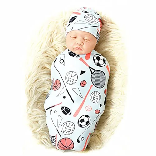 Galabloomer - Juego de manta para envolver con gorro para recién nacido, manta para bebé niño con diseño de pelota deportiva Multi colorido