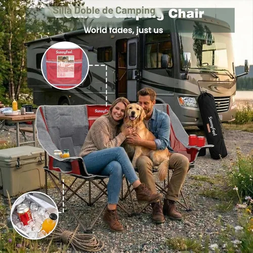 Miniatura 8 de SUNNYFEEL Silla de Camping Doblada Doble, Silla Loveseat Sobredimensionada, Silla de Césped Portátil/Plegable Resistente con Almacenamiento