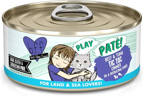 Weruva B.F.F. Play - Best Feline Friend Paté Lovers, Aw Yeah!, Tic TOC de carne de res y atún con carne de res y atún, lata de 5.5 onzas (paquete de
