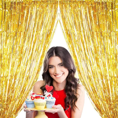 Cortina de telón de fondo dorado con flecos para decoración de fiestas, 6.5 x 6.5 pies, paquete de 2 cortinas de papel de aluminio dorado para