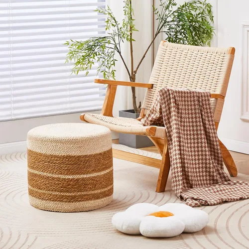 Miniatura 2 de Wimarsbon Puf Otomano de 18'', Puf Trenzado Natural, Puf de Salón Rústico Tejido a Mano, Taburete Reposapiés Boho para Dormitorio, Mesa de Acento