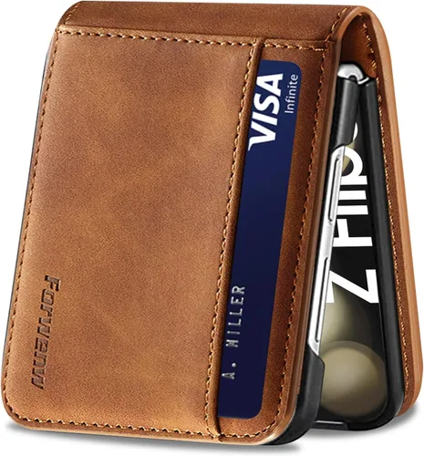 Miniatura 28 de Funda de piel con tapa para Samsung Galaxy Z Flip 3, con protección de bisagra, delgada y magnética tipo cartera [1 tarjetero], funda protectora a