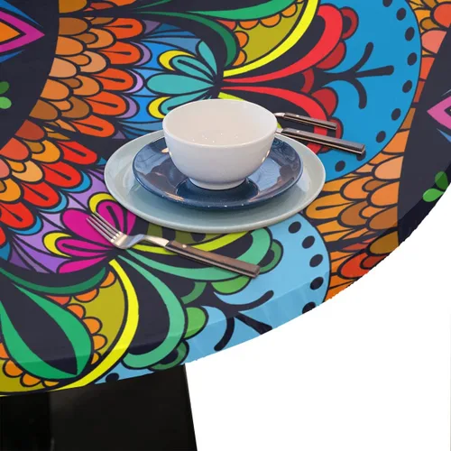 Miniatura 6 de cfpolar Mantel redondo con diseño mandala y borde elástico, mantel étnico lavable y limpiable con flores coloridas, funda de mesa de poliéster