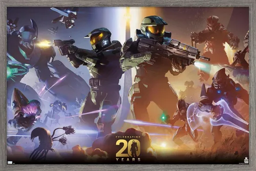 Halo - Póster de pared de 20 años, 22.4 pulgadas de largo x 14.7 pulgadas de ancho, versión enmarcada de madera de granero